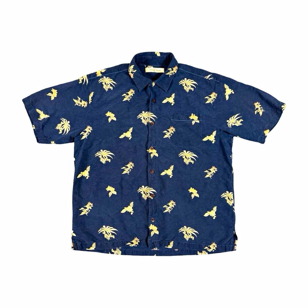 Tommy Bahama 100% Silk Floral Hawaiian Button Up Shirt Short Sleeve XL Blue